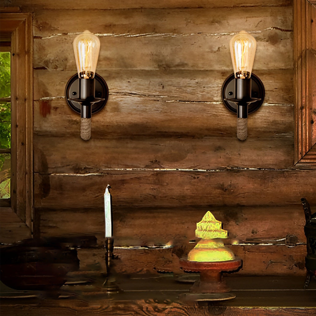 Rustic Iron Rope Industrial Wall Lamp Fixture for Vintage Decor, Black