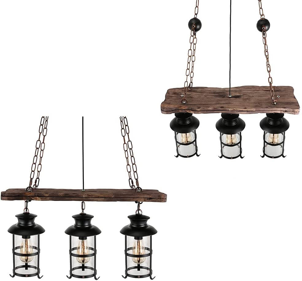 Industrial Black Metal Cage Chandelier with Wooden Accents for Dining Room