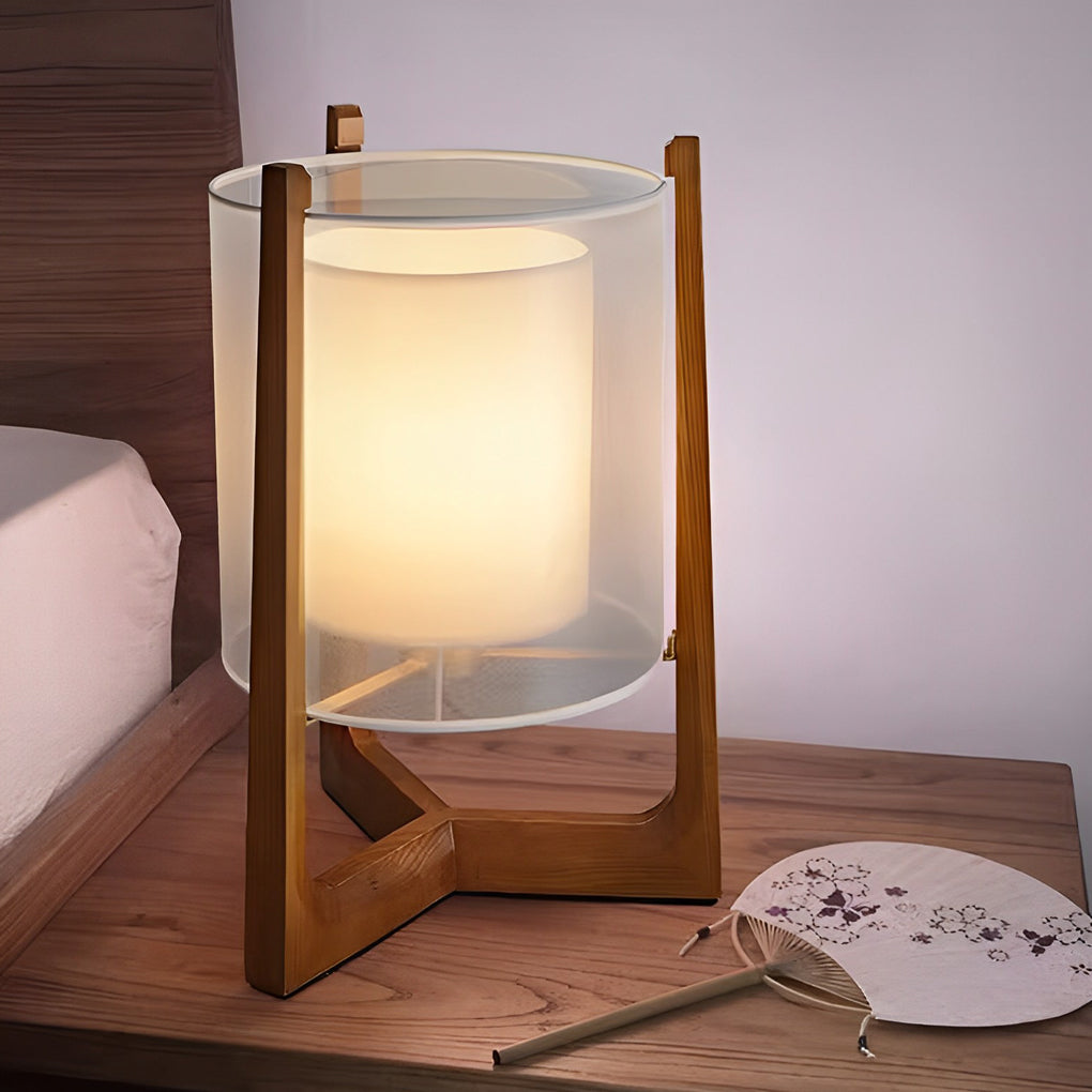 Rustic Japanese Wood LED Floor Lamp with Double Shades for Living Room