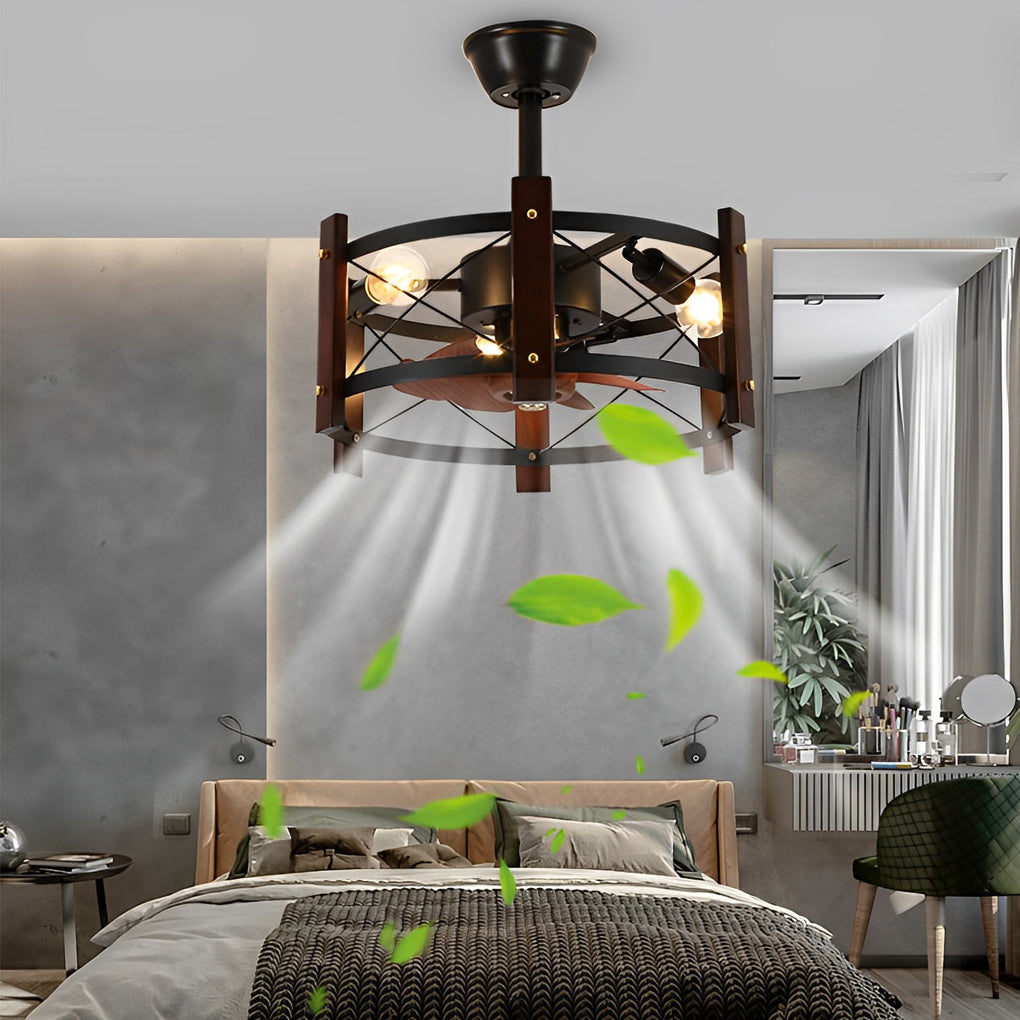 Vintage Black Metal Bladeless Ceiling Fan with Chandelier for Living Room