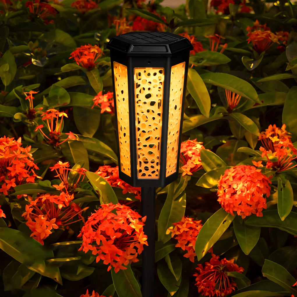 Colorful RGB Hexagon Hollow Solar Stake Light for Outdoor Landscaping