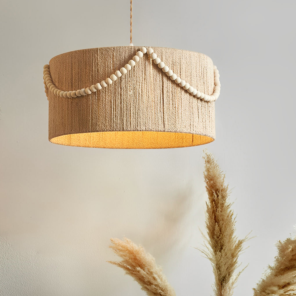 Boho Round Twine Rope Chandelier Pendant Light with Wood Beads & Tassels