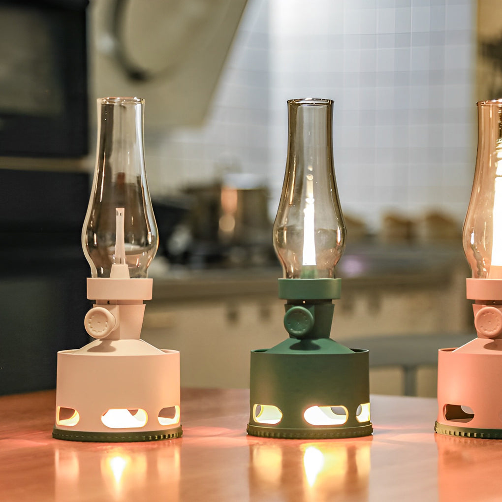Modern Silver Metal Battery-Operated Kerosene-Style LED Table Lamp