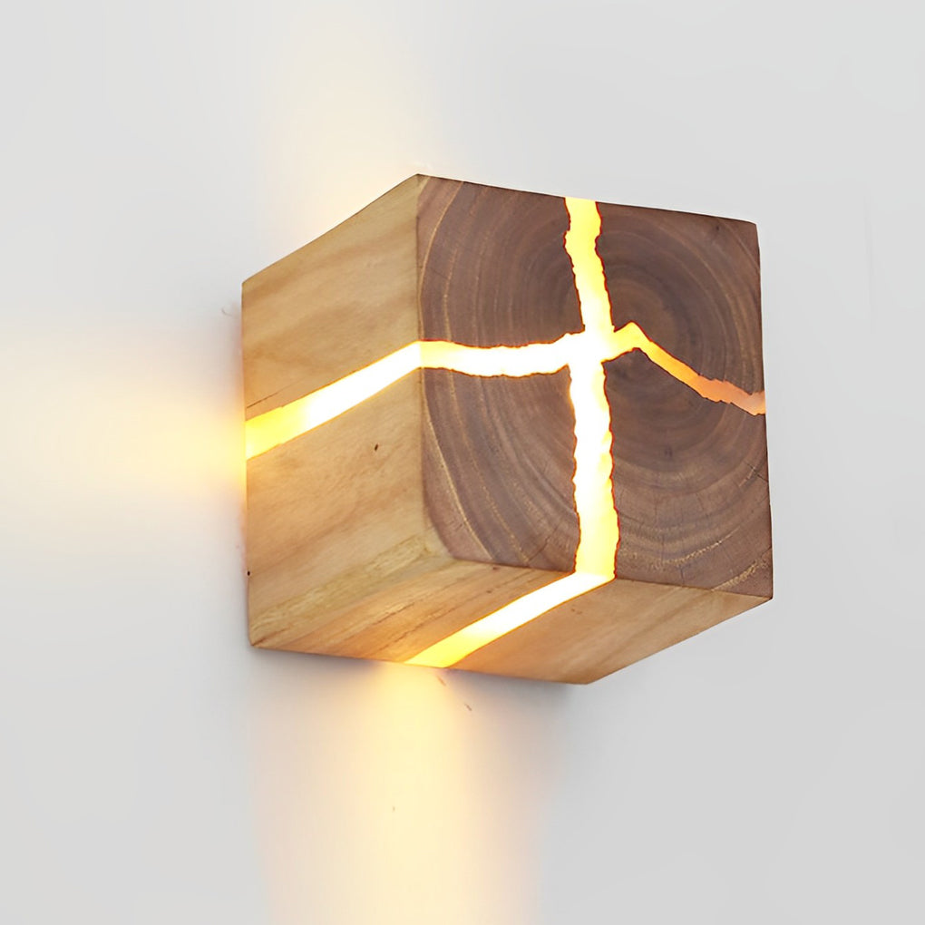 Rustic Cracked Wood Grain Square Wall Sconce Light for Bedroom Living Room