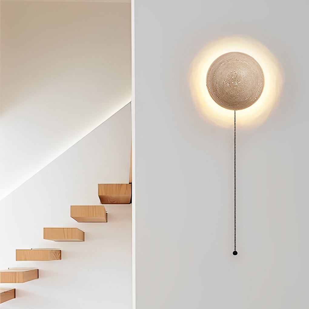 Elegant Round LED Wall Sconce in Japanese Style Travertine for Living Room