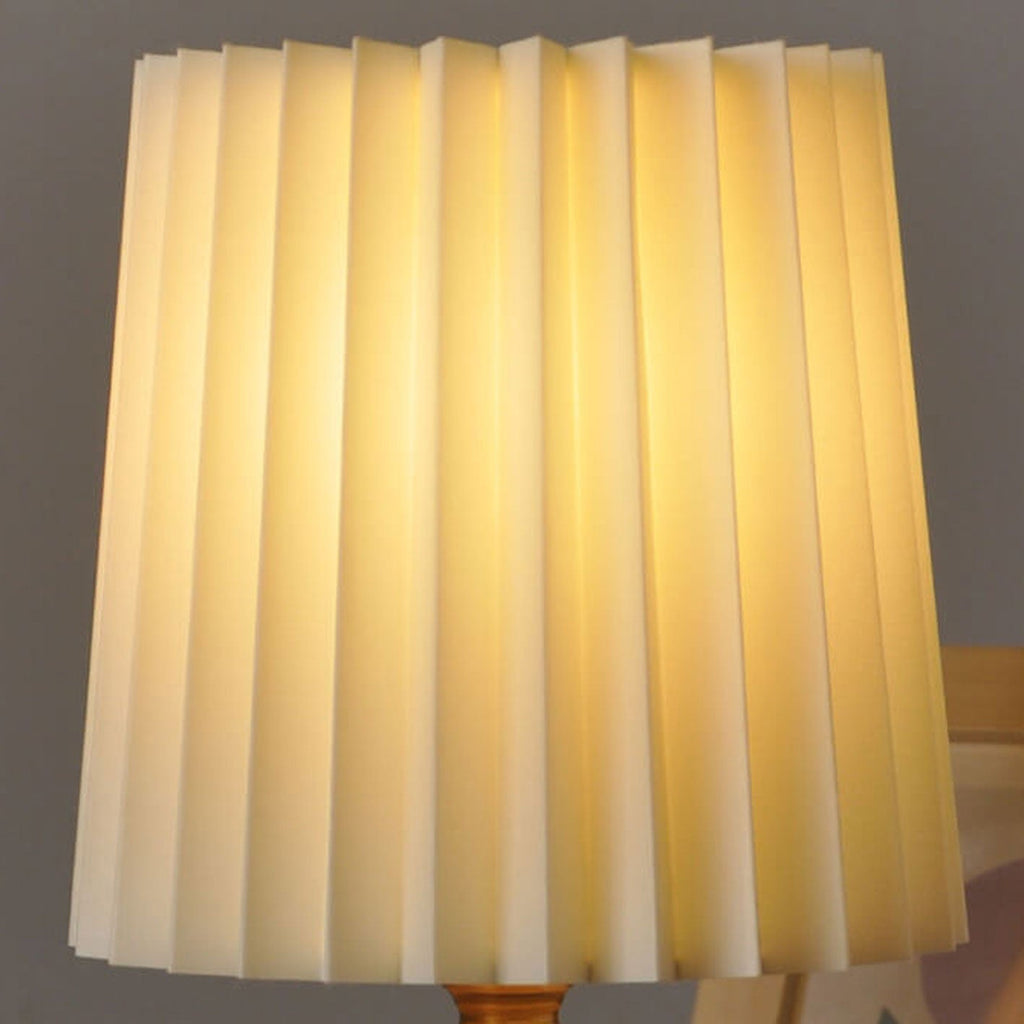 Elegant Vintage Korean Pleated Column Table Lamp with Solid Wood Base