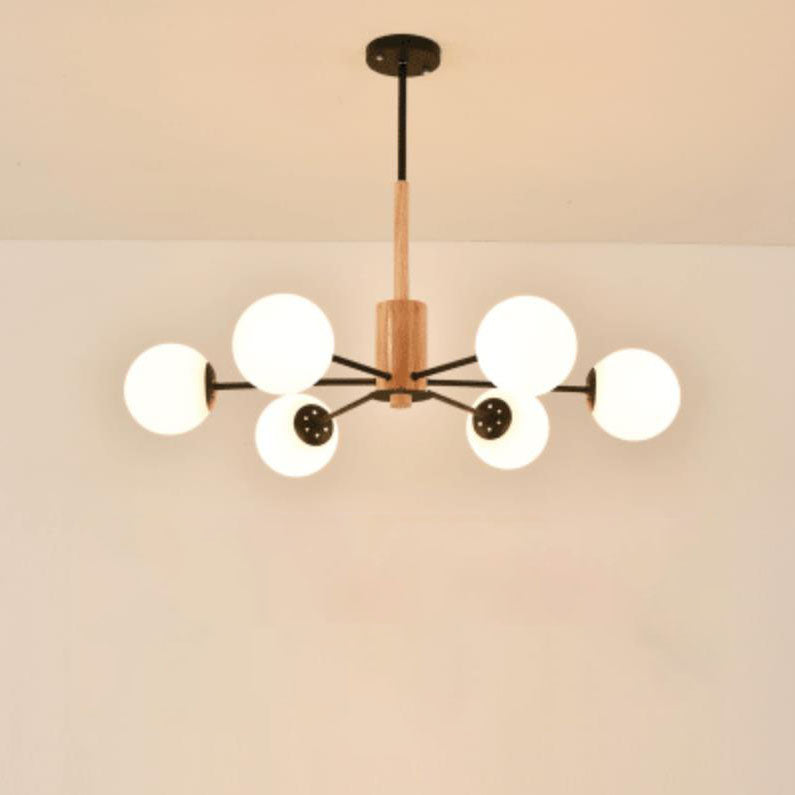 Contemporary Nordic Log Magic Bean Rubberwood Iron Glass 6/8/12/16-Light Chandelier For Living Room & Bedroom