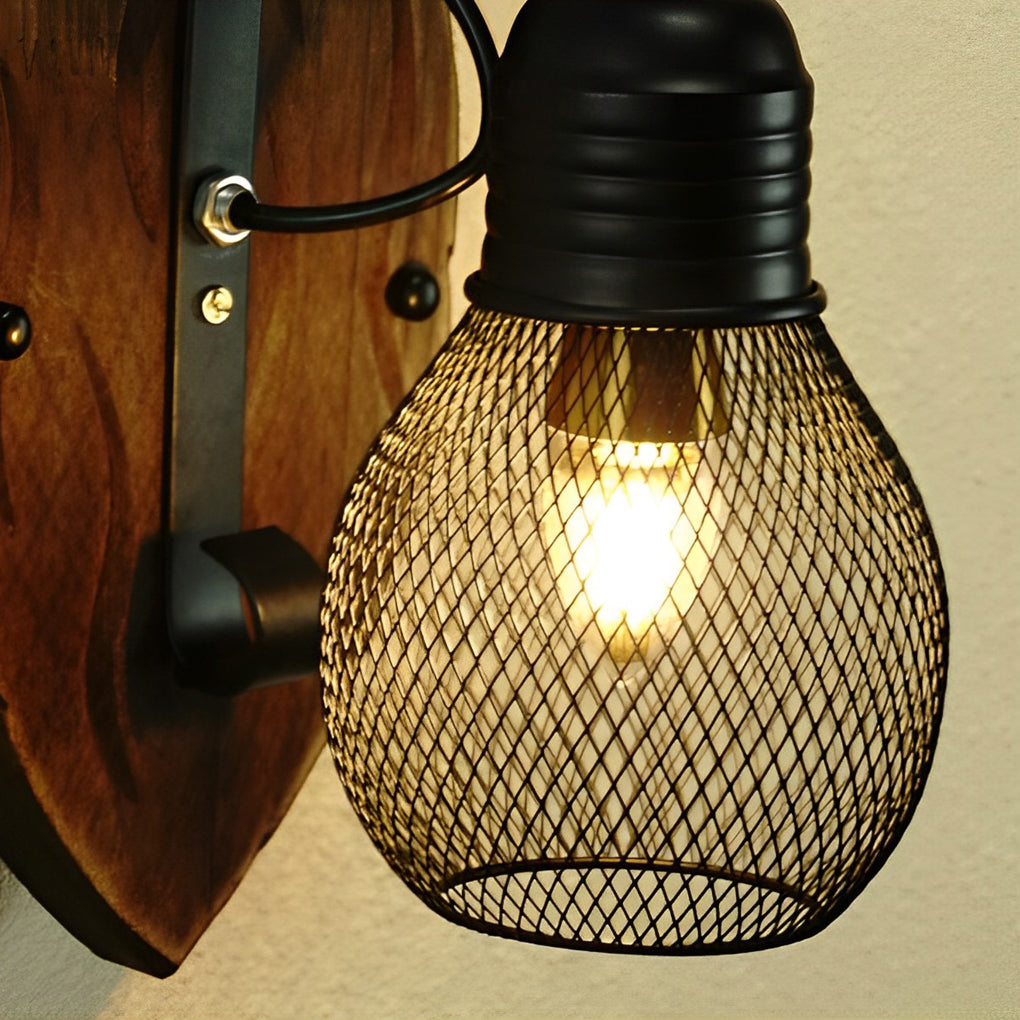 Black Industrial E27 Wall Lamp with Rustic Antique Wood & Iron Design