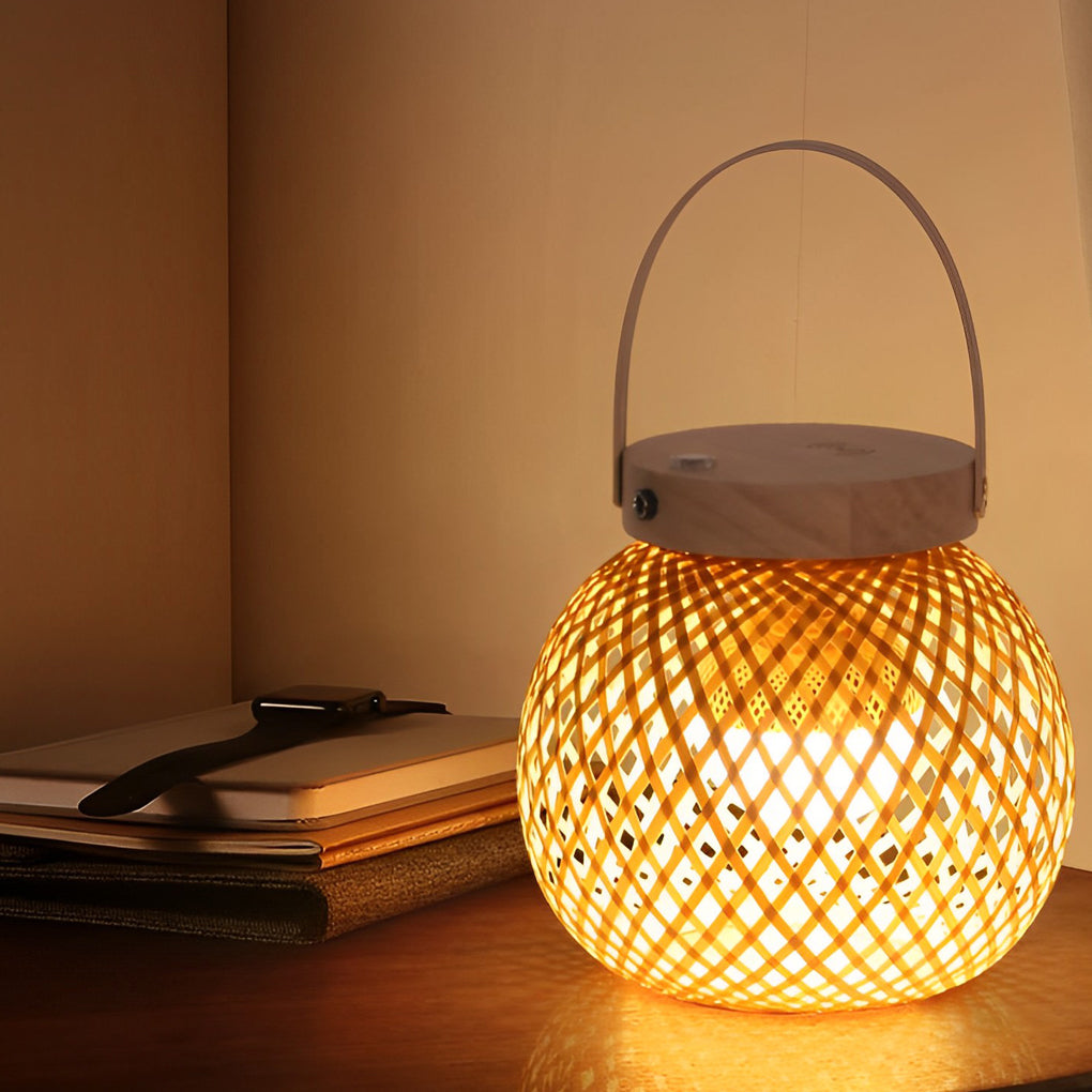 Rustic Natural Woven Bamboo Lantern Table Lamp with Handle for Cozy Home Decor