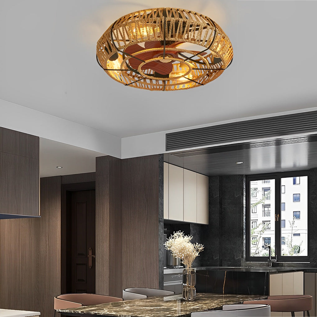 Industrial Style Rattan and Iron Ceiling Fan Lamp for Modern Spaces