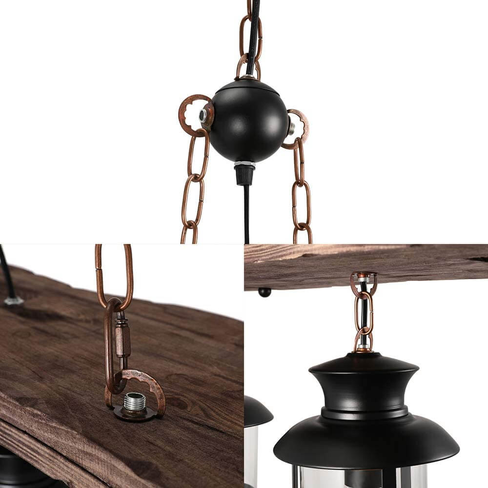 Industrial Black Metal Cage Chandelier with Wooden Accents for Dining Room