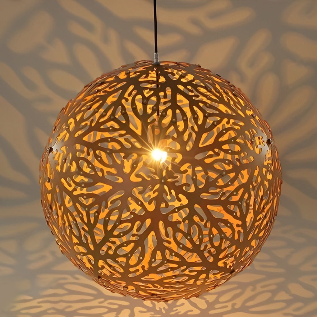 Modern Natural Basswood Hollowed Ball LED Chandelier for Home Decor