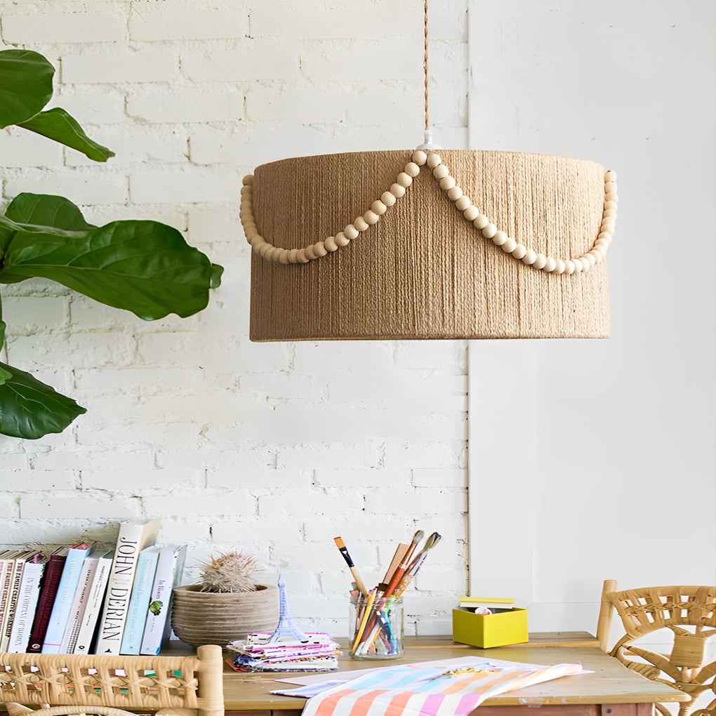 Boho Round Twine Rope Chandelier Pendant Light with Wood Beads & Tassels