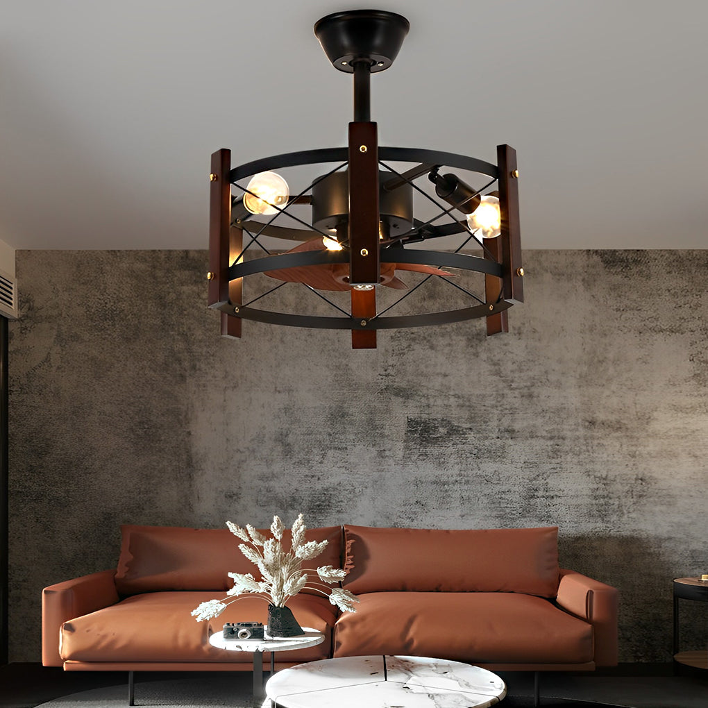 Vintage Black Metal Bladeless Ceiling Fan with Chandelier for Living Room