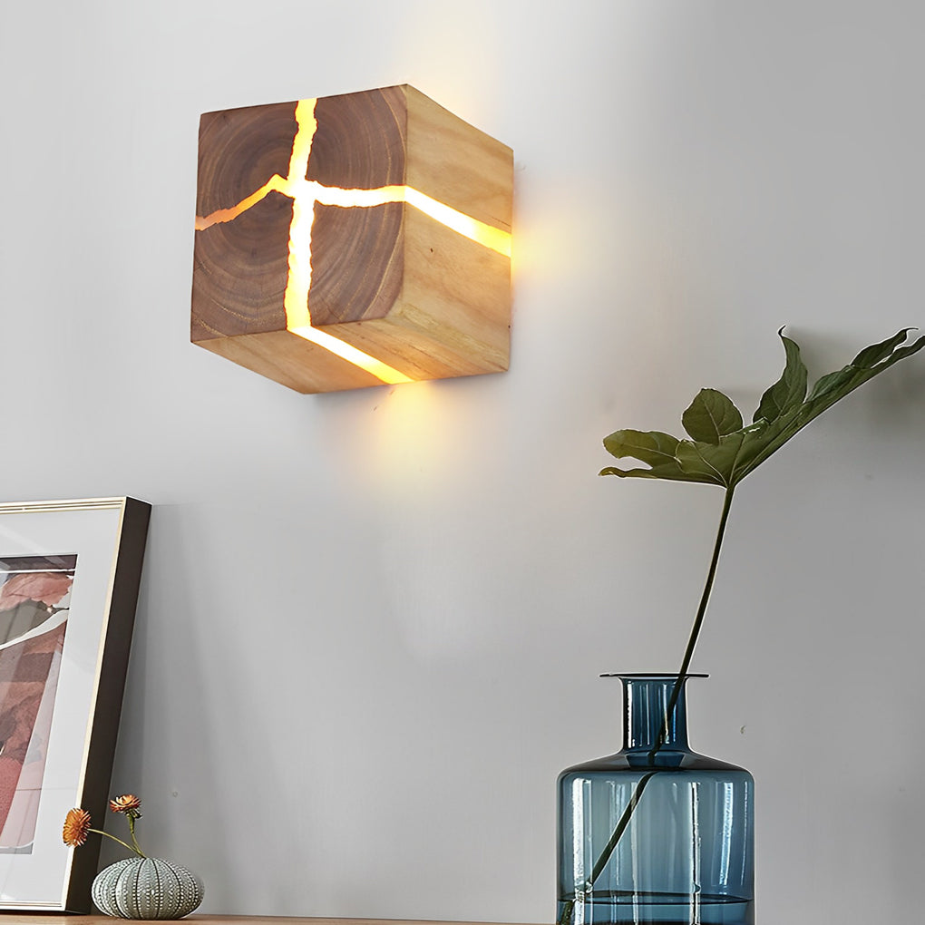 Rustic Cracked Wood Grain Square Wall Sconce Light for Bedroom Living Room