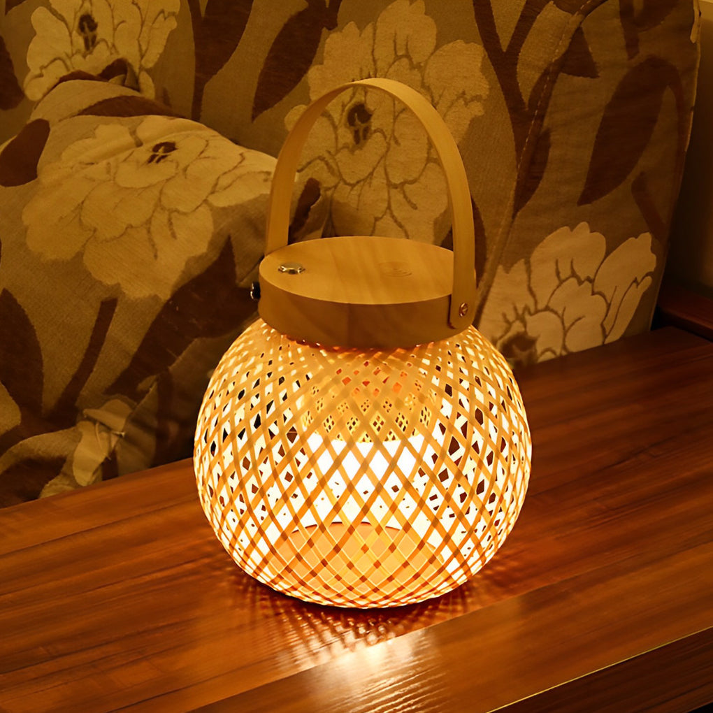 Rustic Natural Woven Bamboo Lantern Table Lamp with Handle for Cozy Home Decor