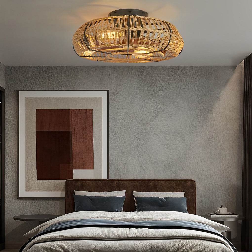 Industrial Style Rattan and Iron Ceiling Fan Lamp for Modern Spaces