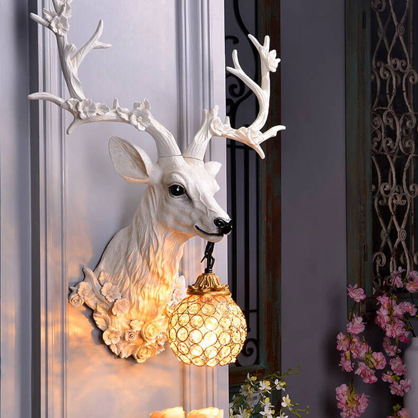 Rustic Brown Resin Deer Head Wall Sconce Light for Cabin Living Room