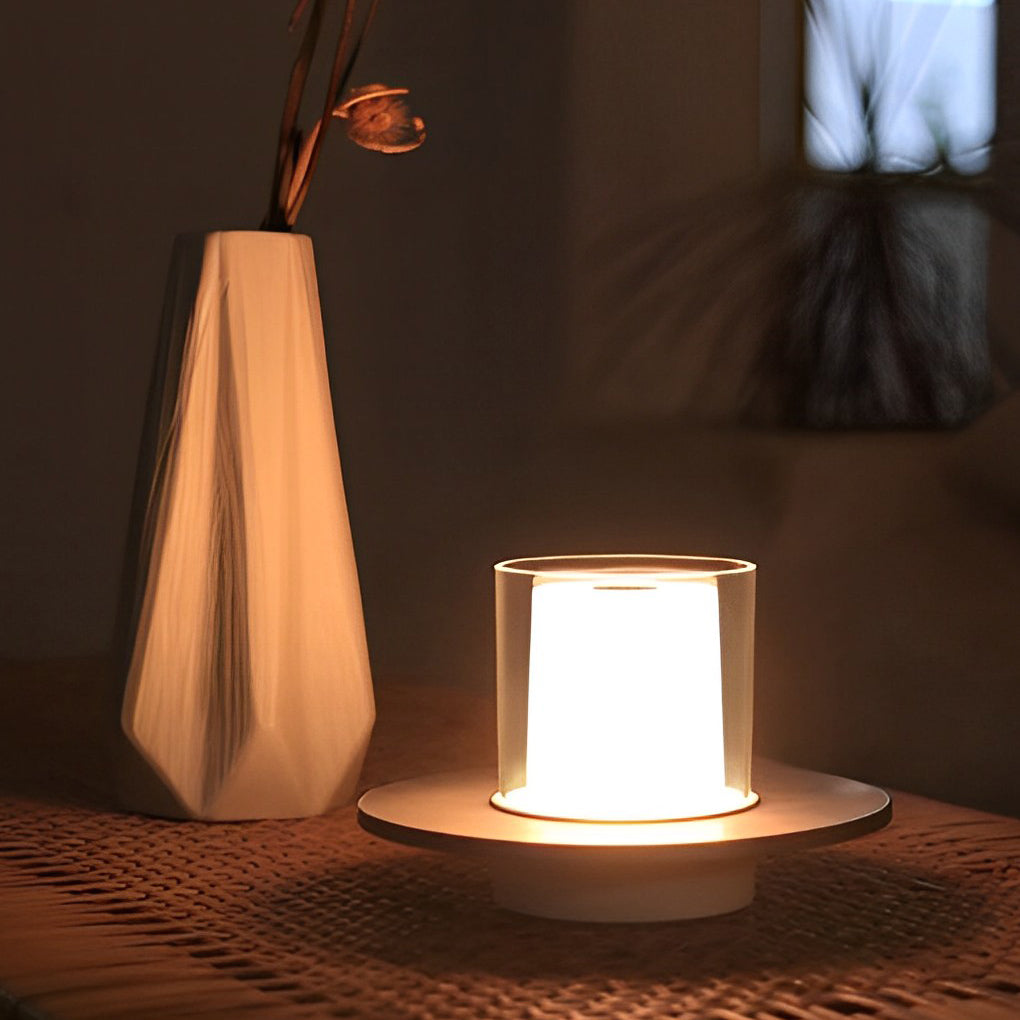 Elegant White Cordless Cylinder Table Lamp with Dish Base for Home Decor