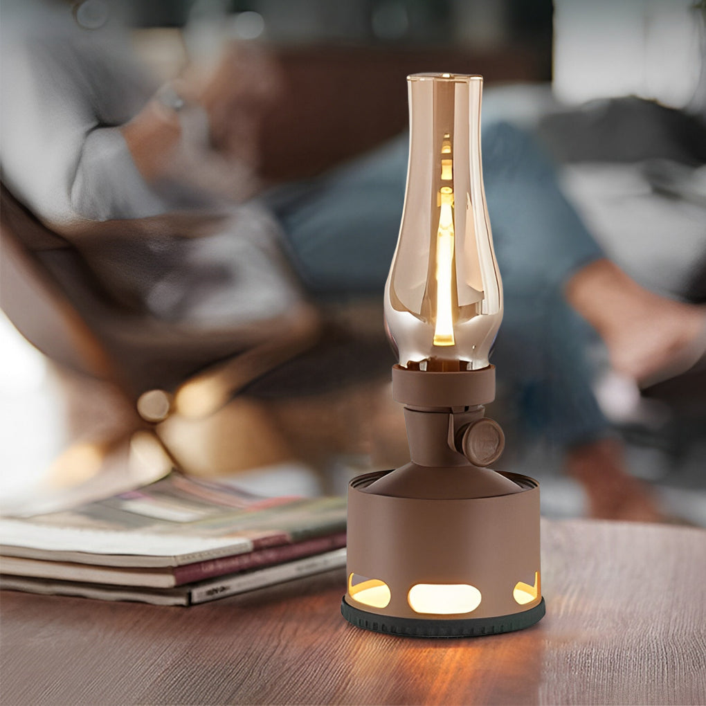 Modern Silver Metal Battery-Operated Kerosene-Style LED Table Lamp