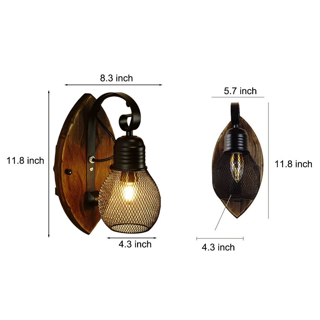Black Industrial E27 Wall Lamp with Rustic Antique Wood & Iron Design
