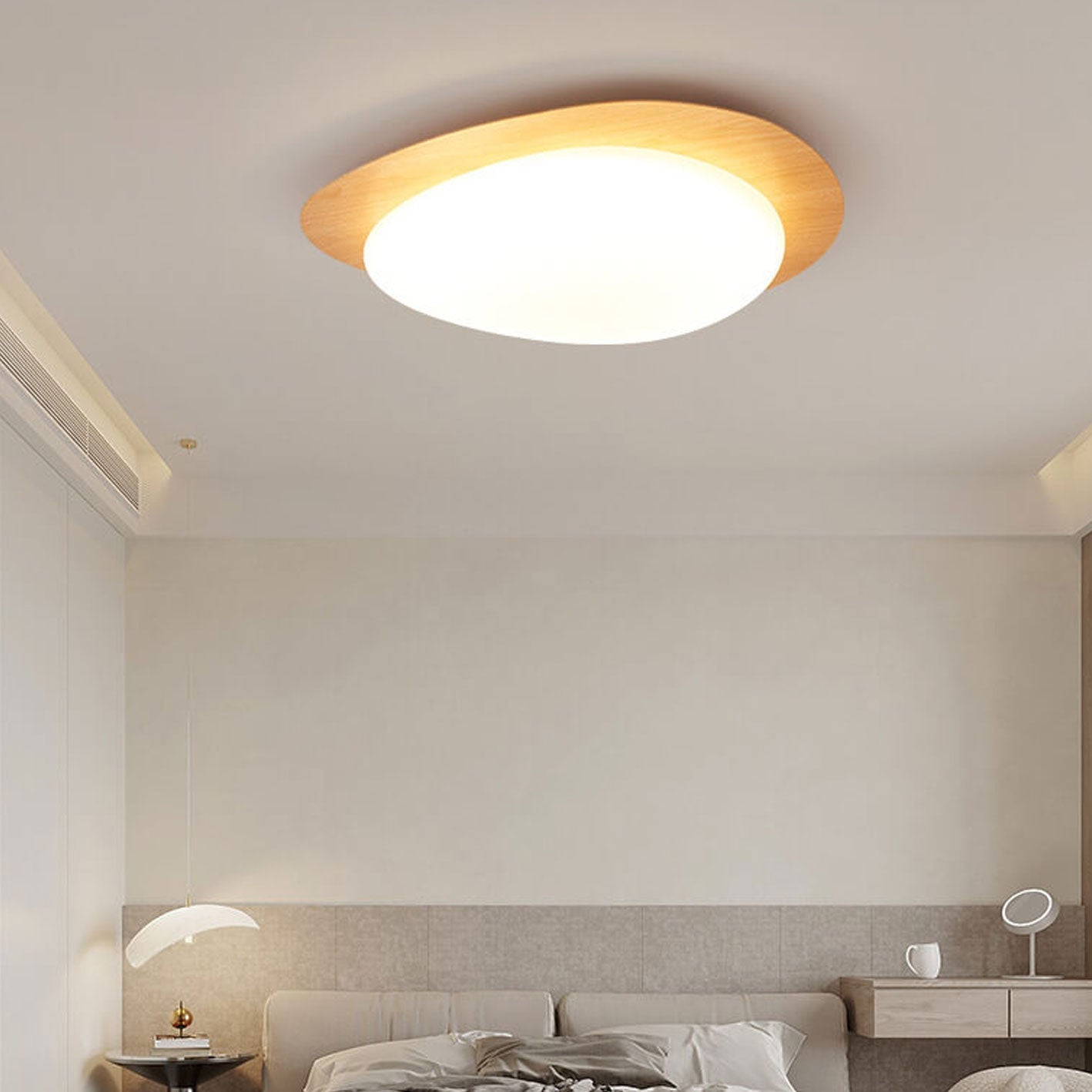Nordic Oak Wood Grain Pebble LED Flush Mount Light for Living Room