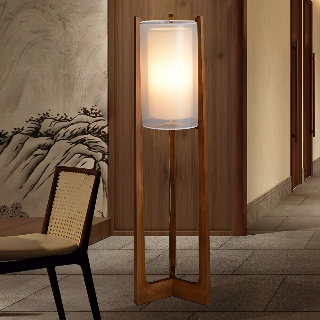 Rustic Japanese Wood LED Floor Lamp with Double Shades for Living Room