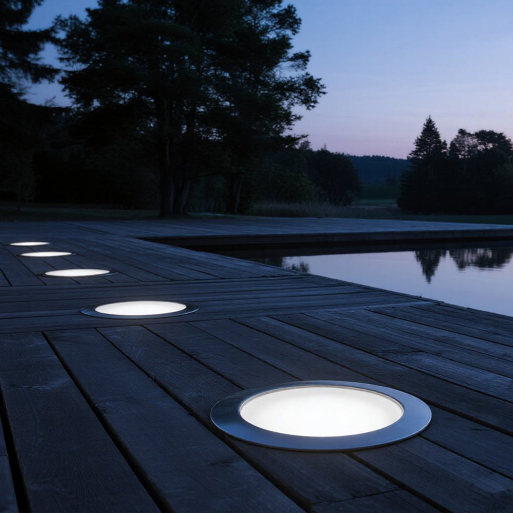 Sleek Minimalist White LED In-Ground Lights for Outdoor Garden Pathways