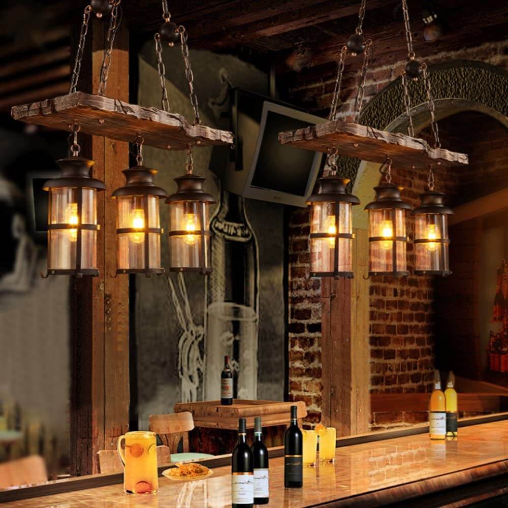 Industrial Black Metal Cage Chandelier with Wooden Accents for Dining Room