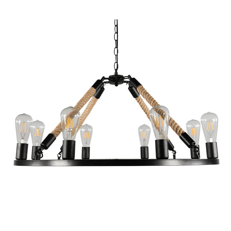 Industrial 6/8 Light Black Metal Hemp Rope Hanging Chandelier for Loft