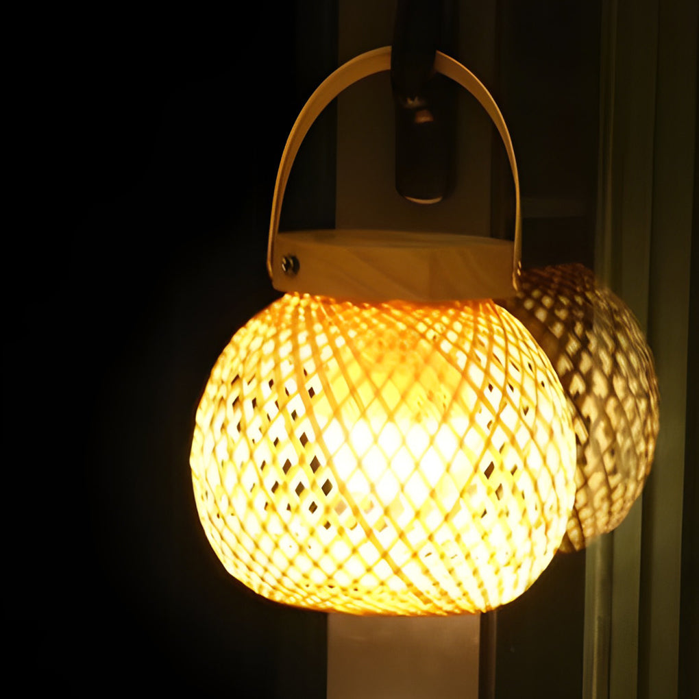 Rustic Natural Woven Bamboo Lantern Table Lamp with Handle for Cozy Home Decor