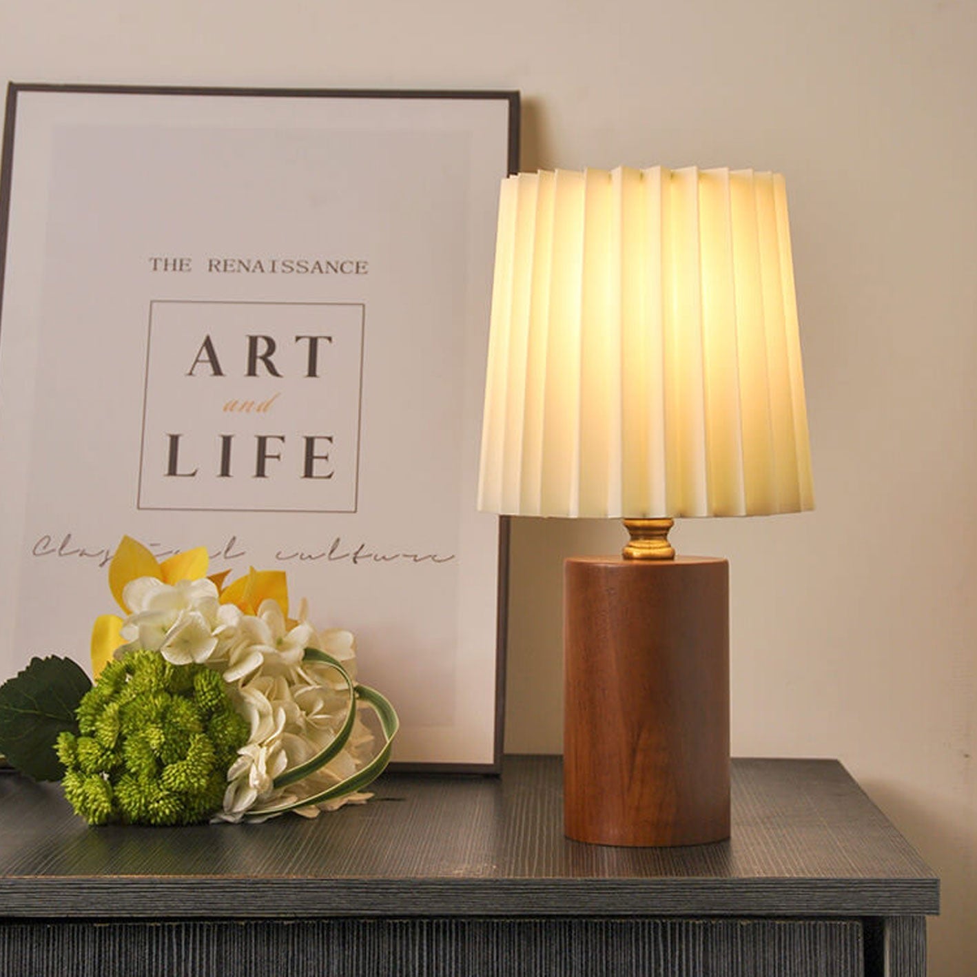 Elegant Vintage Korean Pleated Column Table Lamp with Solid Wood Base