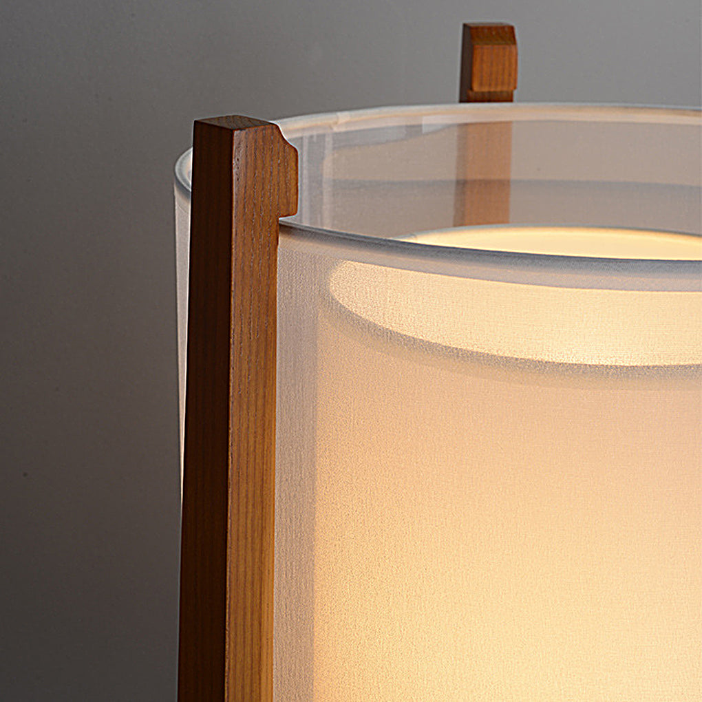 Rustic Japanese Wood LED Floor Lamp with Double Shades for Living Room