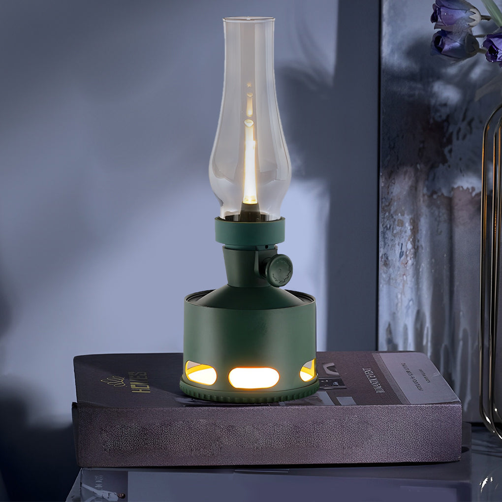 Modern Silver Metal Battery-Operated Kerosene-Style LED Table Lamp