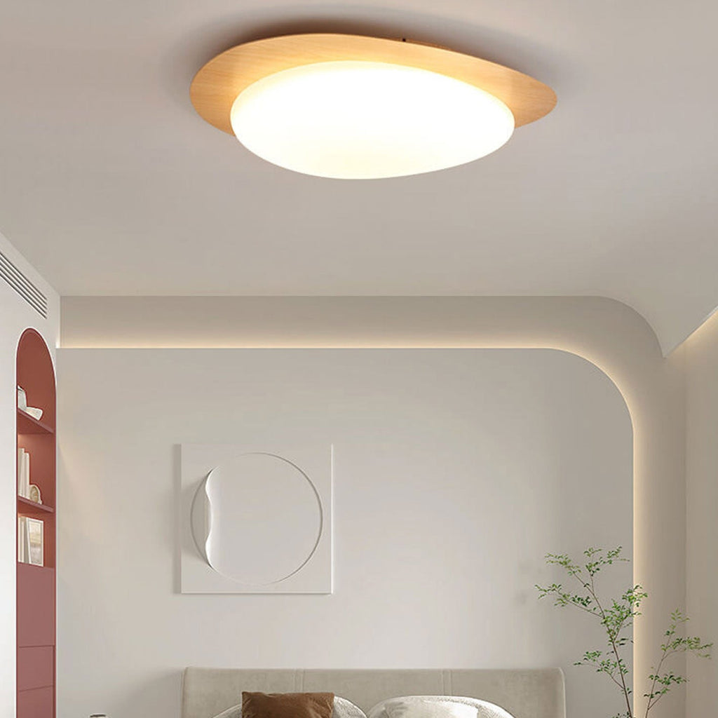 Nordic Oak Wood Grain Pebble LED Flush Mount Light for Living Room