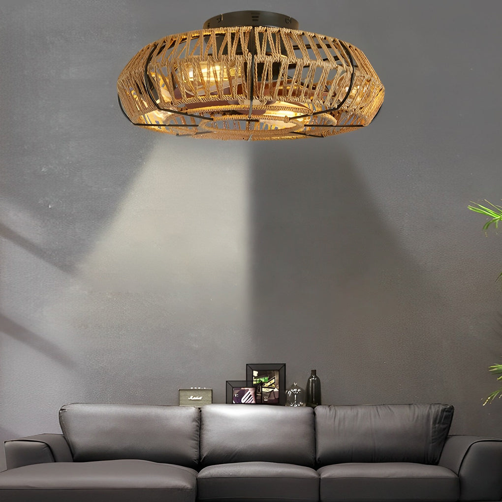 Industrial Style Rattan and Iron Ceiling Fan Lamp for Modern Spaces