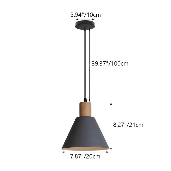 Vintage Iron and Wood Round Cone Pendant Light for Living Room Decor