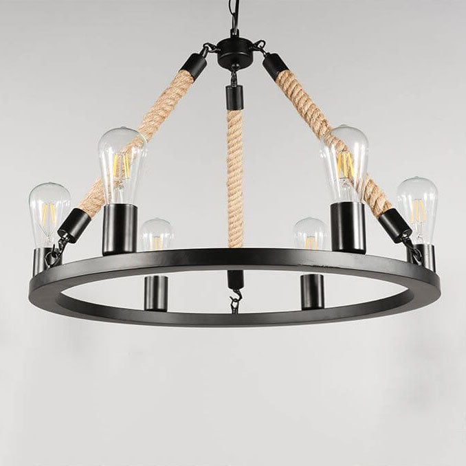 Industrial 6/8 Light Black Metal Hemp Rope Hanging Chandelier for Loft