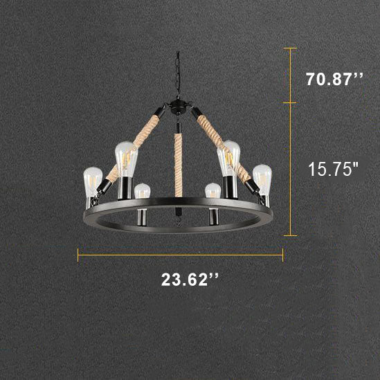 Industrial 6/8 Light Black Metal Hemp Rope Hanging Chandelier for Loft