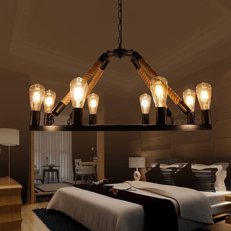Industrial 6/8 Light Black Metal Hemp Rope Hanging Chandelier for Loft