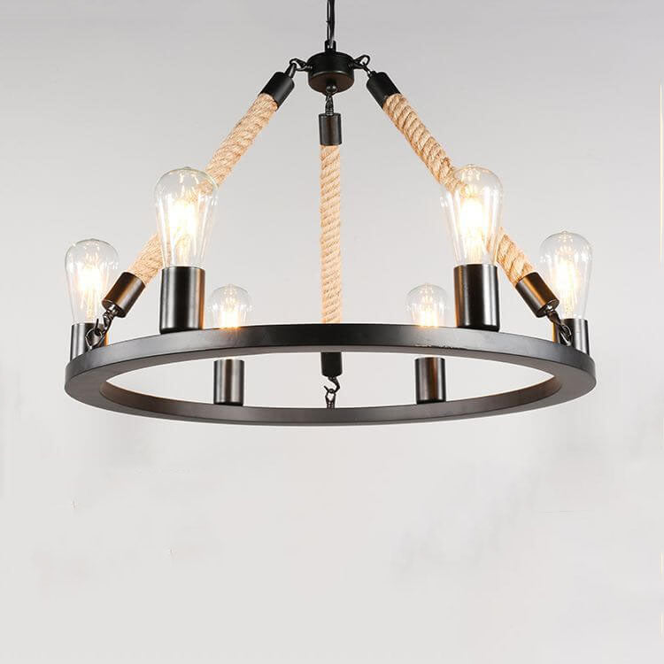 Industrial 6/8 Light Black Metal Hemp Rope Hanging Chandelier for Loft