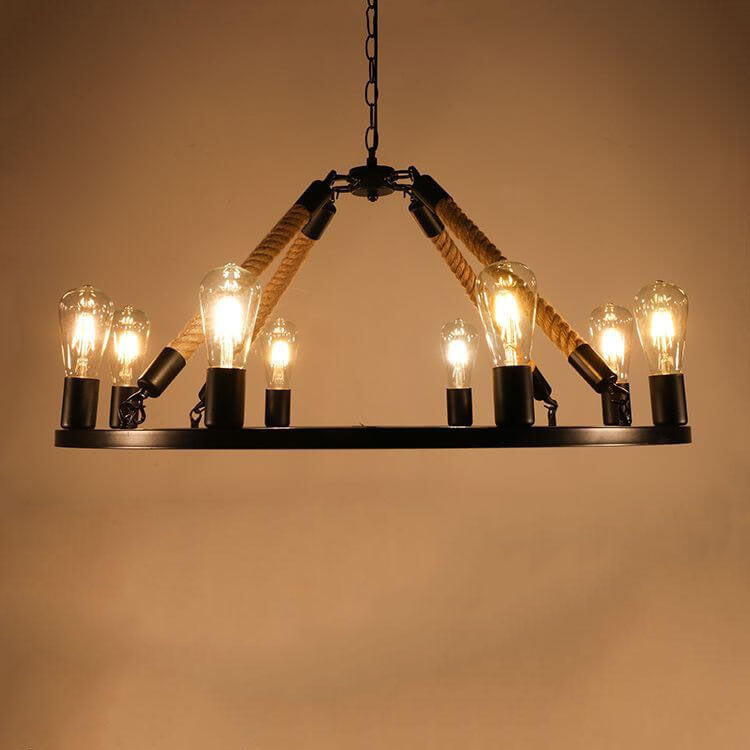 Industrial 6/8 Light Black Metal Hemp Rope Hanging Chandelier for Loft