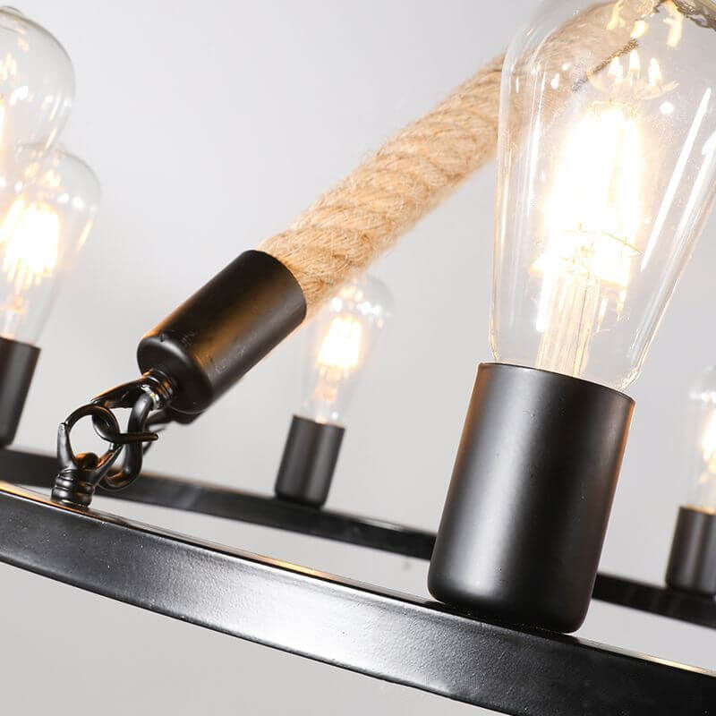 Industrial 6/8 Light Black Metal Hemp Rope Hanging Chandelier for Loft