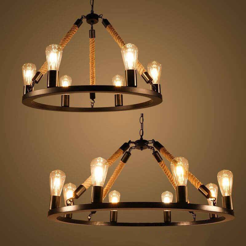 Industrial 6/8 Light Black Metal Hemp Rope Hanging Chandelier for Loft