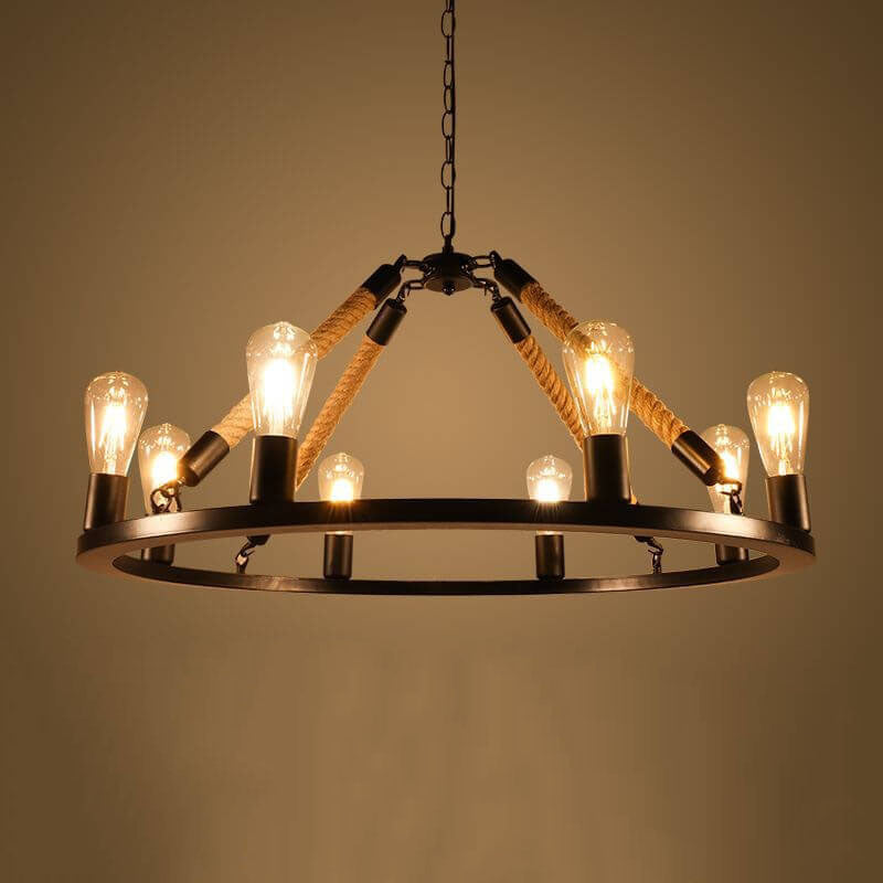 Industrial 6/8 Light Black Metal Hemp Rope Hanging Chandelier for Loft