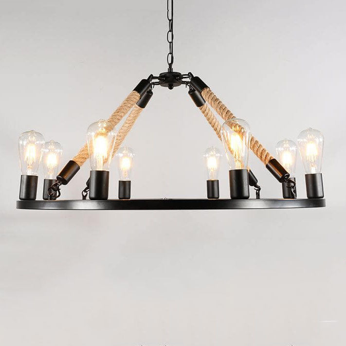 Industrial 6/8 Light Black Metal Hemp Rope Hanging Chandelier for Loft