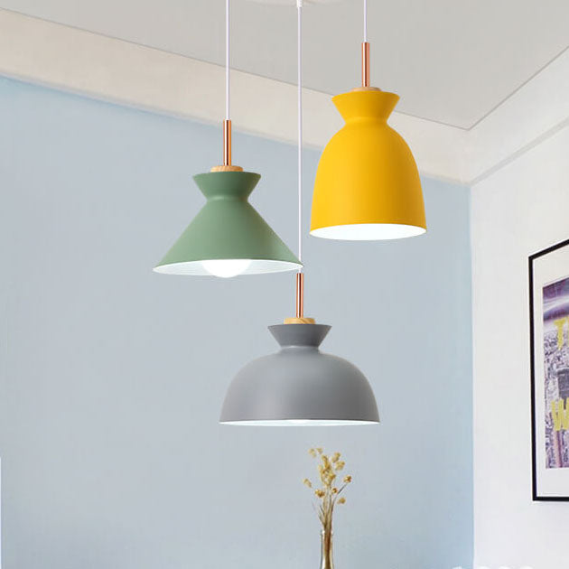 Scandinavian Oak Wood and Iron Cone Dome Pendant Light for Living Room
