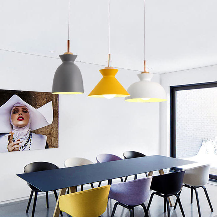 Scandinavian Oak Wood and Iron Cone Dome Pendant Light for Living Room