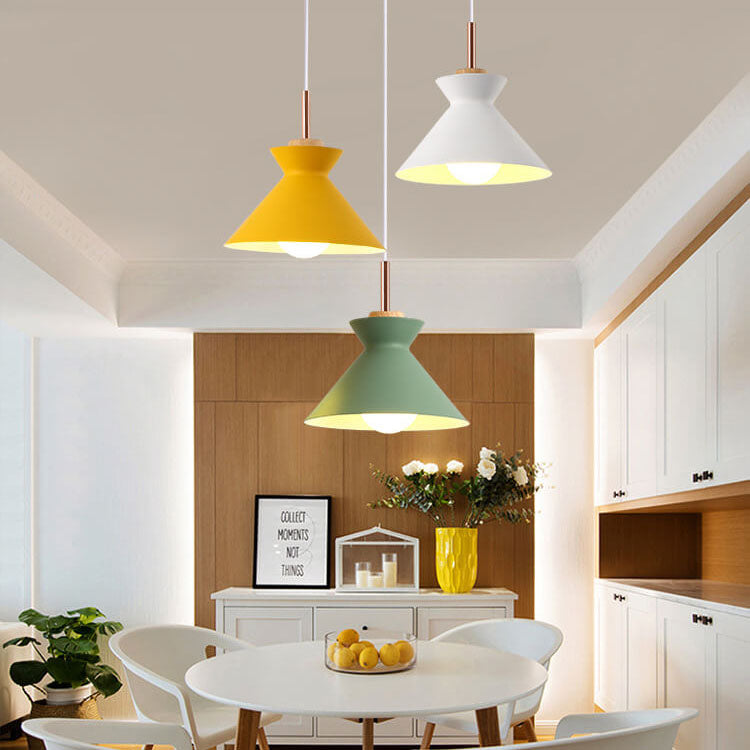 Scandinavian Oak Wood and Iron Cone Dome Pendant Light for Living Room