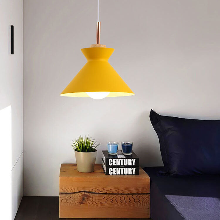 Scandinavian Oak Wood and Iron Cone Dome Pendant Light for Living Room